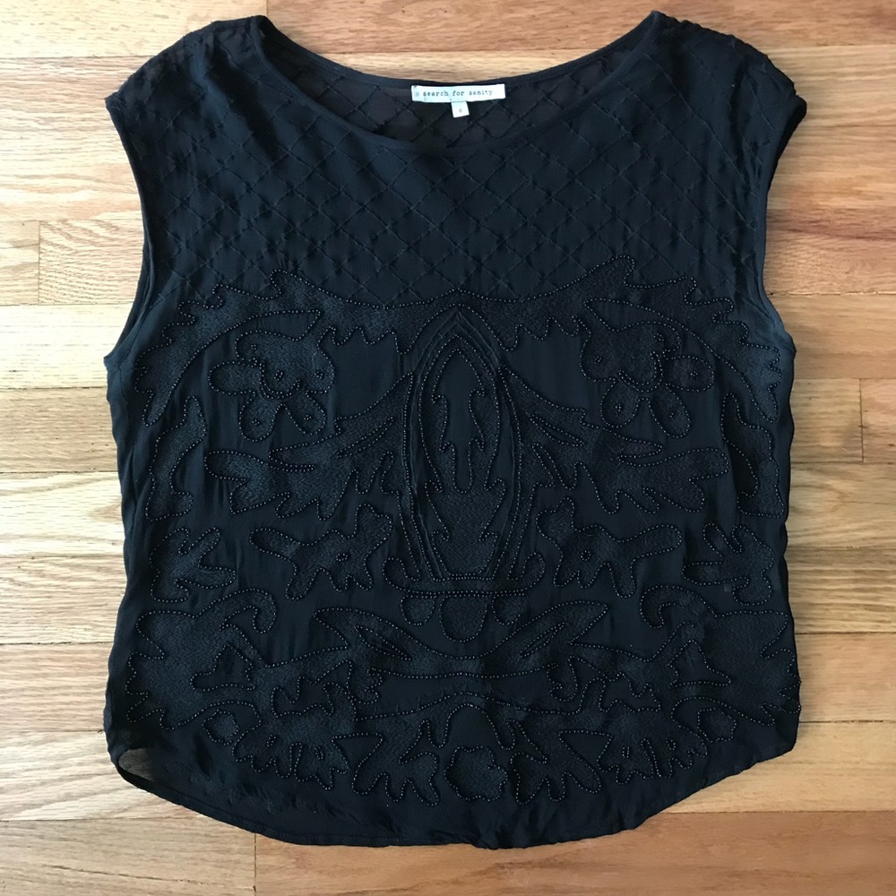 Beaded and embroidered sheer black blouse